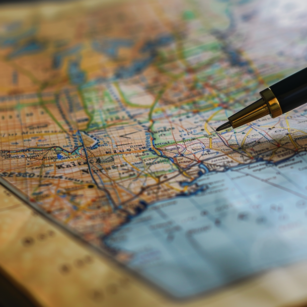 A map of the United States of America with a pen point over the City of Minneapolis
