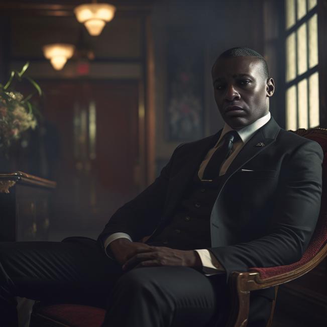 An executive protection specialist with an intent glaze in his eye sitting in a chair 