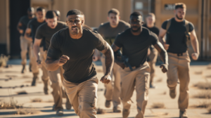 Several bodyguards outside running in the desert intensive training 
